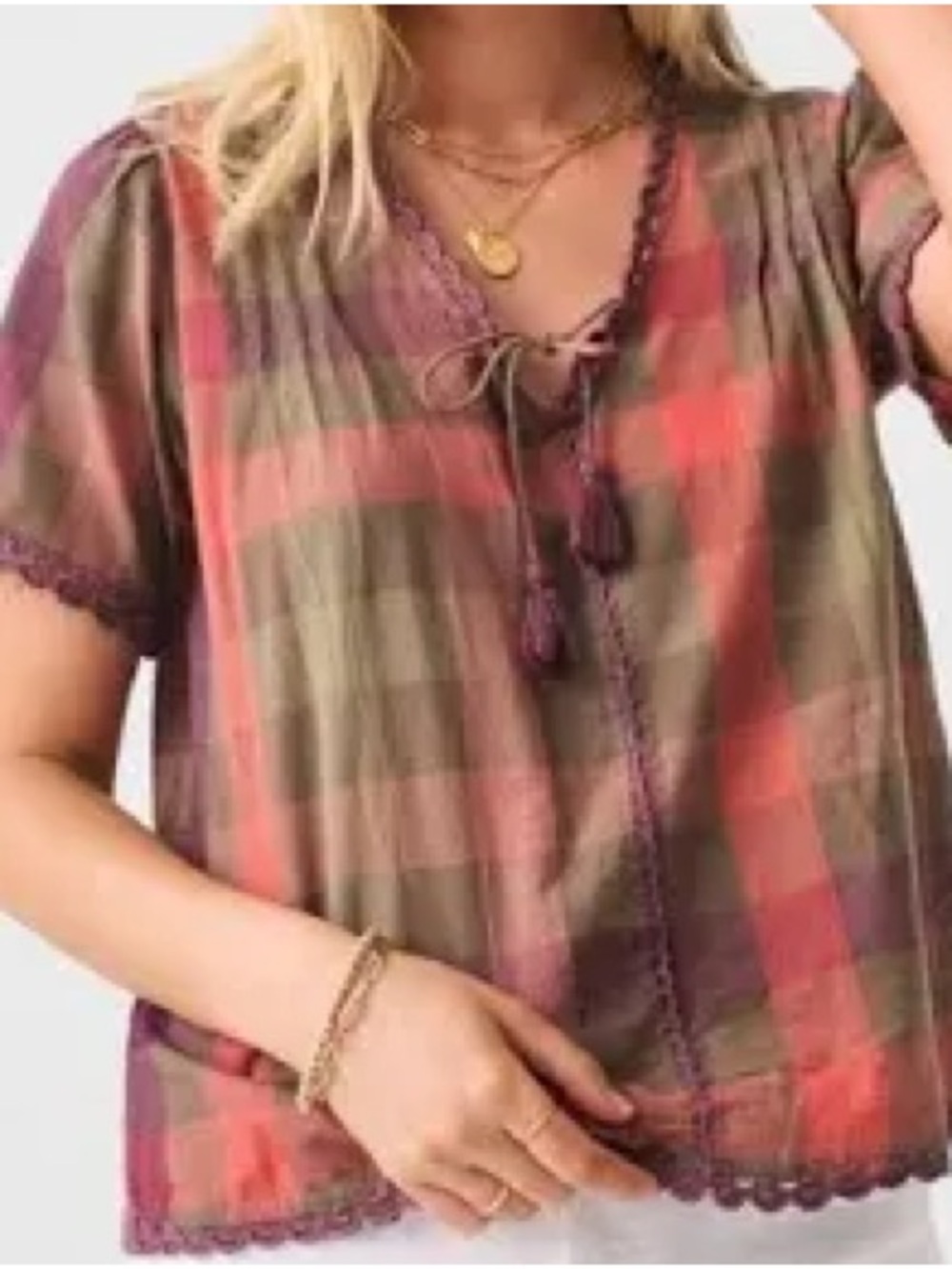 Faherty Plaid Lace-Trim Tie-Front Short Sleeve Top - Red & Brown